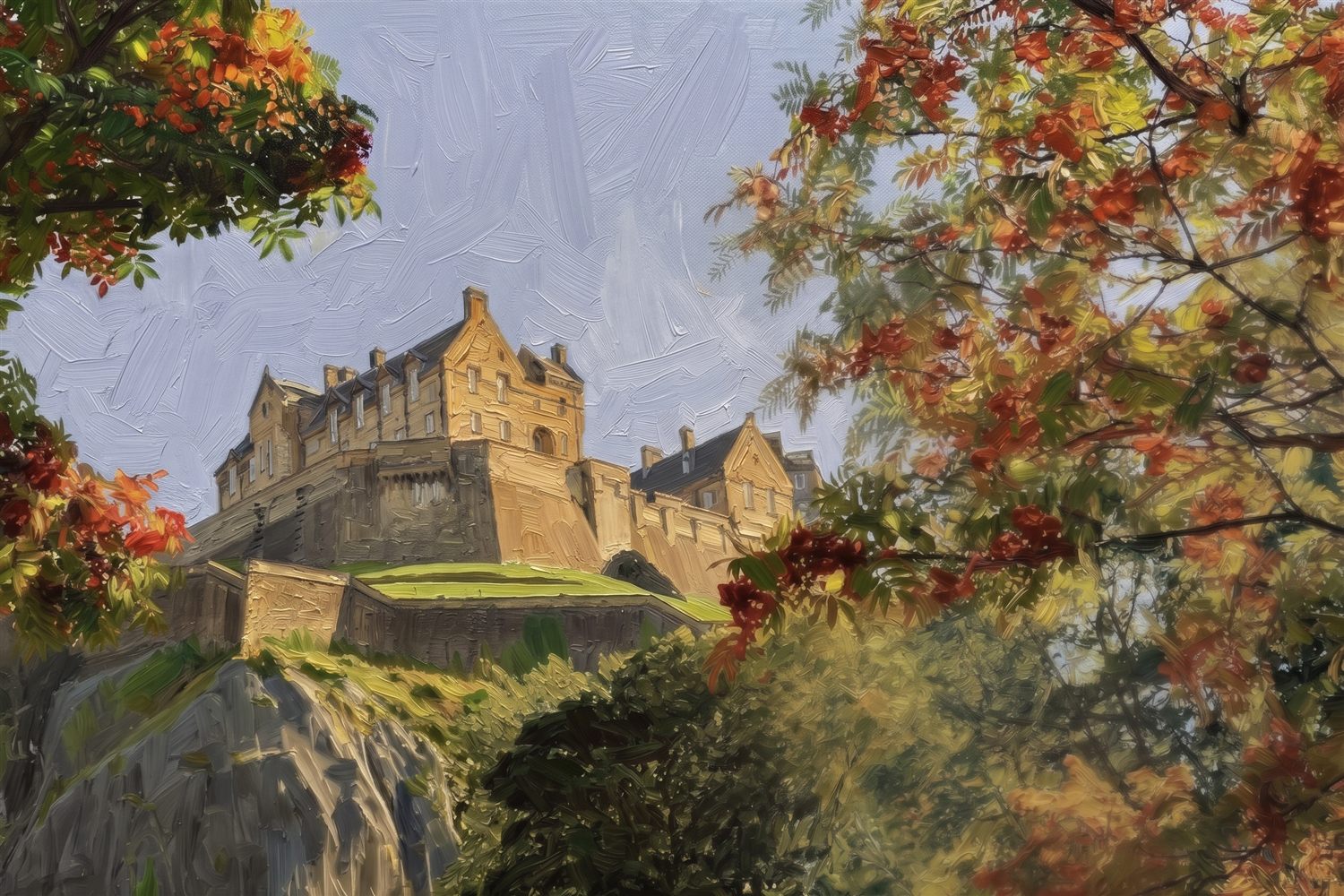 Painting of Edinburgh Castle in autumn